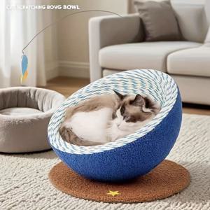 TEMU 편안한 짠 로프 고양이 스크래치 포스트 & 침대 - 대형 공간 내구성 스크래치 포스트 별빛 밤 디자인, 고양이용 스크래치 포스트, 통합 고양이 침대, 스크래치 방지 소재