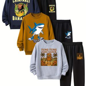 TEMU 6개 세트 남아용 바나나 원숭이 & 트라-라-레로 상어 캐릭터 스웨터 세트 - 루즈핏 봄/가을 긴팔 스웨터, 컬러 블록 패턴, 캐주얼 플레이웨어 & 일상복 ( &) - 쉬운 관리 스웨터 컬렉션 (아니요, 야외 활동에 완벽)