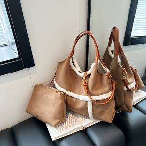 TEMU 여성용 플러시 인조 모피 숄더백 - 대용량, 자석 잠금, 레트로 스타일, 브라운 색상, 데일리 출퇴근 및 휴일 선물로 완벽, 휴일 선물 가방 | 레트로 스타일 가방 | 플러시 질감