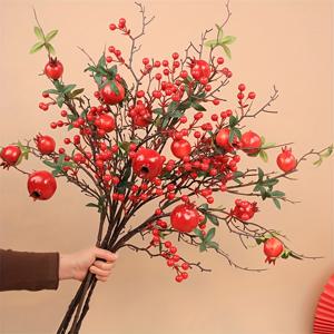 TEMU 대형 인공 석류 가지 5개 세트 - 리얼한 빨간 열매와 꽃이 달린 과일 나무 - 크리스마스, 웨딩, 연회 장식용 - 내구성 있는 수확 장식, 홈 데코, 테이블 센터피스, 연중 사용 가능 - 쉬운 관리