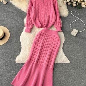TEMU BK0222074+방향성 재료+패션 V넥 캐주얼 드레스 세트, 우아한 케이블 스웨터 투피스 세트, 긴 소매, 단색, 캐주얼 웨어, 스웨터 아웃핏