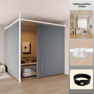 TEMU 1개 모던 접이식 파티션 커튼 - 플라스틱 후크 포함, 베이지 & 회색 줄무늬 디자인, 다양한 사이즈, 합성 섬유, 침실·복도·거실용, 고품질 분리막, 장식, 내구성 있는 원단|샤워커튼