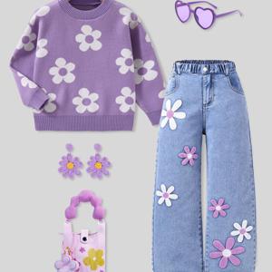 TEMU 여아 가을/겨울 신상 패션 세트: 우아한 라일락 플로럴 스웨터 + 빈티지 스트리트 스타일 자수 와이드 레그 청바지 | 부드러운 컬러로 따뜻하고 편안한 착용감, 생동감 넘치는 귀여운 디자인. 하이웨이스트로 슬림핏 효과와 길어보이는 다리로 트렌디한 스타일 연출, 야외 활동에 완벽