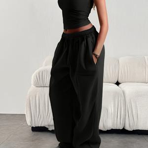 TEMU 여성 캐주얼 와이드 레그 조거 - 탄성 허리 밴드, 단색, 편안하고 스타일리시한 가을/겨울용, 캐주얼 웨어 팬츠, 와이드 레그 팬츠, 여성용 조거|여성운동화