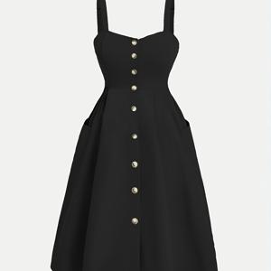 TEMU 플러스 사이즈 - 플러스 사이즈 여성용 우아한 블랙 핏드 드레스, 앞면 버튼 클로저 & 포켓 포함 - 민소매 러치드 허리, 시스드 백, 플레어 스커트 봄/여름용, 캐주얼부터 포멀웨어까지, 캐주얼 의상 | 러치드 허리 드레스 | 논스트레치 원단