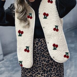 TEMU 여성용 우아한 체리 프린트 민소매 조끼 - 화이트 겨울 가디건, 레드 체리 블라썸 디자인, 세탁기 사용 가능 오픈 프론트 칼라 , 가을 & 겨울용, 캐주얼에서 포멀까지 어울리는 스트럭처드 논스트레치 원단, 플로럴 프린트 조끼, 레이어드 룩을 위한 레이어링 아이템, 시크하고 세련된 스타일, 캐주얼 복장이나 특별한 행사에 완벽