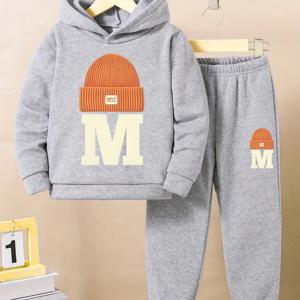 TEMU 남아용 트렌디한 레터링 프린트 스웨셔츠 & 조거 팬츠 세트, 가을 겨울 패션 후드가 있는 긴팔 따뜻하고 편안한 캐주얼 의상 + 실내외에서 활동적으로 입기 좋은 운동복