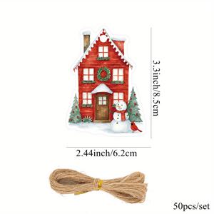 TEMU 50개 축제용 레드 하우스 크리스마스 매달기 태그 - 눈 덮인 장면의 만화 장식, 선물, 파티 용품 및 크리스마스 축하에 완벽함, 크리스마스 장식, 크리스마스 집 스티커, 크리스마스 선물 태그, 크리스마스 포장 액세서리