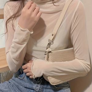 TEMU 여성용 쉬어 메쉬 레이어드 언더웨어 탑 - 하이넥 롱 슬리브 러플 칼라 블러쉬 핑크/베이지 셔츠, 드레스, 티셔츠, 이브닝웨어용 사계절 스트레치 베이스 레이어, 세탁기 사용 가능한 모던 세미 쉬어 아우터 블라우스