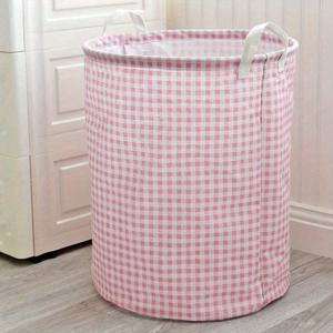 TEMU 1개 핑크 & 깅엄 체크 무늬 접이식 세탁 바구니 - 침실, 욕실, 거실용 손잡이 달린 원형 패브릭 수납 정리함 - 의류, 장난감, 세탁 바구니를 위한 튼튼한 홈 데코 선물 바구니