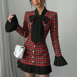 TEMU 여성용 체크무늬 타탄 드레스, 리본 칼라 & 퍼프 소매 - 레드/블랙/화이트 스코틀랜드 스타일 A라인, 세탁기 사용 가능한 겨울 파티 웨딩 게스트 드레스 (드라이클리닝 금지)