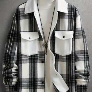 TEMU 남성용 블랙 & 화이트 체크 겨울 코트 - 칼라 재킷 가슴 포켓, 세탁기 사용 가능 블랙/화이트/그레이 트렌치 코트, 가을 & 겨울 캐주얼 & 포멀 웨어 (없음)