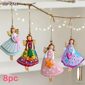 TEMU 2D 평면, 8개 세트 나무 천사 장식품, 가정용 크리스마스 장식용 장식 행잉 장식, 하트와 디자인이 있는 빈티지 2D 행잉 트리 장식품