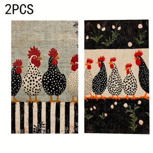 TEMU 1개 또는 2개 레트로 농가 닭 패턴 주방 타월 - 귀여운 수탉 & 닭 디자인, 주방, 욕실, 파티 장식을 위한 튼튼한 폴리에스터 행주 - 세탁기 사용 가능한 홈, 레스토랑 또는 크리스마스 장식용 선물