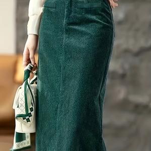 TEMU 여성용 우아한 하이웨이스트 A라인 스커트 - 사이드 슬릿이 있는 매끄러운 핏, 단색, 가을/겨울, 오피스, 파티 또는 캐주얼 복장에 적합 - 손세탁 가능, 오피스 웨어 스커트 | A라인 스커트 | 코듀로이 원단, 귀여운 스커트