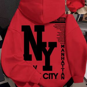 TEMU 여성 & 남성 오버사이즈 후드 스웨트셔츠 - 부드러운 기모 안감 겨울 풀오버, 대담한 NYC 레터링 & 뉴욕시 프린트, 가을 & 겨울 캐주얼 스트리트웨어 스웨터, 포근한 의류, 스트리트웨어 패션, 기하학적 패턴, 따뜻한 원단