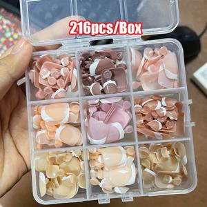 TEMU 216개 혼합 색상 프렌치 프레스온 발톱 9칸 순수 나이드 핑크 인조 손톱 사각형 모양 중간 길이 풀 커버 발톱, 네일 아트, 네일 폼, 네일 케어, 네일 디자인