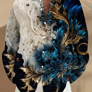 TEMU 남성 하와이 꽃 프린트 긴팔 버튼업 셔츠 - 청색과 황금 꽃 디자인, 캐주얼 주말 의상, 스트레치되지 않는 폴리에스테르, 포켓이 있는 싱글 브레스트, 가을/겨울 스타일, 캐주얼 의상|생생한 프린트 셔츠|폴리에스테르 소재