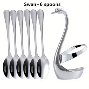 TEMU 7개 스테인리스 스틸 커피 스푼 & 디저트 포크 세트 - 우아한 백조 모양 홀더, 과일, 케이크, 페이스트리 서빙용 - 가정, 호텔, 파티 사용에 이상적, 5.86인치, 실버 마감, 호텔 식기 세트|백조 디자인 홀더|내구성 있는 식기 세트, 커피 테이블 장식