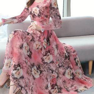 TEMU 여성용 우아한 모란 플로럴 프린트 긴팔 드레스 - A라인 라운드넥 쉬폰, 세탁기 사용 가능, 사계절 캐주얼 & 포멀 다용도 소프트 텍스처 의류|쉬폰원피스