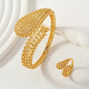 TEMU 럭셔리 24K 금도금 빈티지 쥬얼리 세트 여성용, 2피스 중동풍 밀 이삭과 잎 디자인, 1개의 팔찌와 1개의 반지 포함, 구리 베이스, 웨딩 및 연회, 데이 선물, 모든 계절에 다재다능