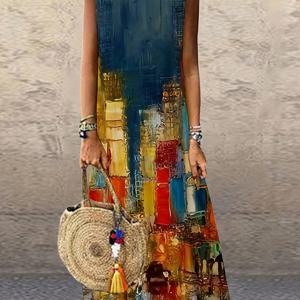 TEMU 기하학적 컬러 블록 프린트가 있는 여성용 캐주얼 긴 민소매 드레스 - A라인 실루엣, 라운드 넥, 세탁 가능 & 중간 스트레치, 사계절 착용 가능한 패션, 편안한 핏