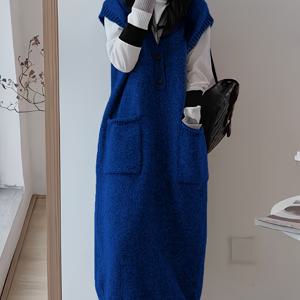 TEMU 캐주얼 V넥 니트 드레스, V백 디자인, 릴렉스 핏, 부드러운 비스코스 블렌드, 기계 세탁 가능, 여성용 봄/가을 착용|여성원피스|가을원피스