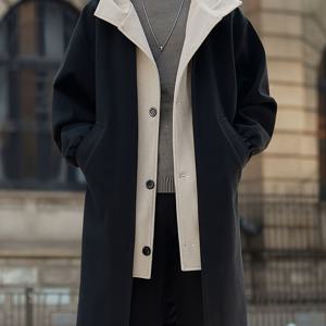 TEMU 남성용 캐주얼 후드 트위드 트렌치 코트, 긴 길이 컬러 블록 겨울 , 비스트레치 소재, 정규 소매, 폴리에스테르 안감, 단추 포켓, 직조 아우터웨어용