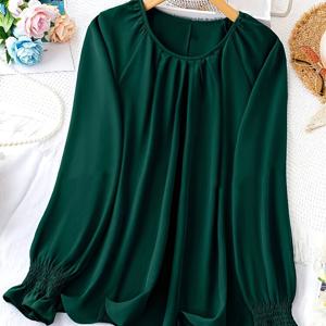 TEMU 플러스 사이즈, 로메타 여성용 플러스 사이즈 솔리드 컬러 러플 헴 셔츠 (탄성 러플 소매) WW242080#