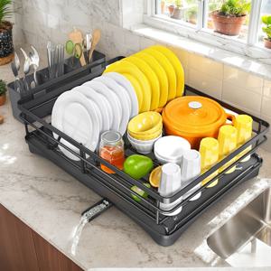 TEMU 싱크대 위 설치형 식기 건조대, 수저 홀더 포함, 대용량 주방 식기 건조대, 쉬운 조립, 블랙, 접시, 그릇, 컵 및 칼을 위한 수저 보관함 포함|식기건조대|사각싱크볼