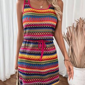 TEMU 여성용 A라인 민소매 드레스 - 수직 하운드투스 텍스처 (하운드투스 프린트 없음) - 가벼운 여름 비치 드레스, 탄력 있는 허리 끈, 핏감 좋은 캐주얼 리조트웨어 - 세탁기 사용 가능 반투명 라운드넥 미니