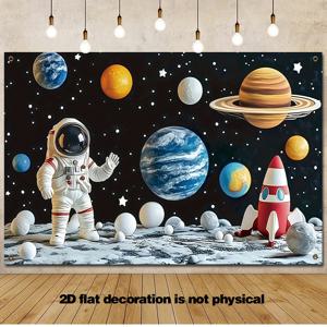 TEMU 2D 플랫, 1pc 우주 테마 2D 플랫 배너 - 43.3x70.8 인치 폴리에스터 블렌드 배경, 행성, 로켓 및 별로 완벽한 생일 파티, 축하 및 사진 배경, 우주 파티 장식