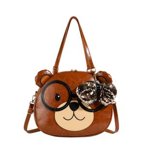 TEMU 귀여운 큰 곰 얼굴 캐릭터 토트백 - 리본 장식, 대용량 여성용, 연갈색/핑크/노랑, 안경 & 지퍼 디자인, 데일리 액세서리 | 스타일리시 | 부드러운 소재