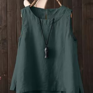 TEMU 여성용 캐주얼 민소매 라운드넥 탱크탑 - 다크 그린 솔리드 컬러 루즈핏 통기성 원단, 봄 여름 가을 레이어링 필수 아이템, 베르사틸레이어링 피스, 에스테틱, 심플 넥라인