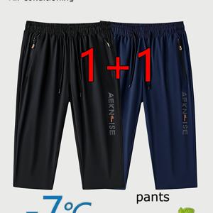 TEMU 2pcs 아이스 실키 7/8 길이 반바지, 탄성 허리띠 및 지퍼 포켓 - 통기성 방습 소재, 달리기, 하이킹, 야외 스포츠 - 봄 여름 가을 캐주얼 웨어, 하이킹 의류, 스포티 디자인, 방습 소재