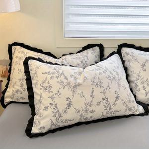 TEMU 2pcs 우아한 레이스 베개 커버, 블랙 앤 화이트 꽃 디자인과 프릴이 있는 엣지, 폴리에스터 실크 소재, 기계 세척 가능 - 침구 및 가정 장식에 완벽한 장식 베개