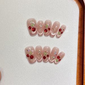 TEMU 10pcs Y2K 수제 체리 꽃 3D 인쇄 짧은 발레 네일 - 고품질 미소하는 고양이 눈 효과, 혼합 색상과 액센트 피스, 일상 착용 및 특수 행사용 착용 보조 키트 포함, 체리 꽃 테마 아이템, 행사 네일 아트, 매력적인 네일 디자인, 내구성 네일 아트