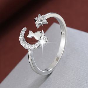 TEMU 1개 문 캣 디자인 조절 가능한 오픈 링, 합성 지르코니아 스톤 장식, 화이트 골드 도금 여성용 귀여운 주얼리, 캐주얼 착용 & 선물 아이디어, 매력적인 액세서리, 특별한 날을 위한 섬세한 반지, 조절 가능 밴드, 패션 링, 패션 애호가를 위한