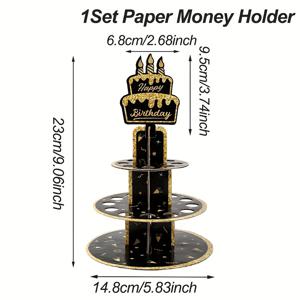 TEMU 1세트, 블랙 골든 생일 종이 돈 케이크 홀더, 현금 선물 surpris box, 장식적인 탑퍼, 생일 기념식, 파티 팩, 해피 버스데이 장식