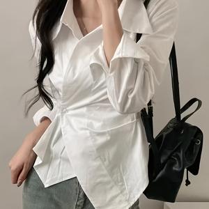 TEMU 2025 봄/여름/가을 한국식 불규칙 허리 강조 패션 셔츠 긴팔 탑, 라이트 럭셔리 영국식 여성 봄 불규칙 루즈 디자인 심플 엘레강트 탑 트렌디 다용도, 크로스백 버튼 불규칙 셔츠 여성 봄 신상 프렌치 스타일 허리 강조 긴팔 탑, 핫 긴팔 셔츠 가을 불규칙 허리 강조 신상 니치 탑 디자인 여성 109