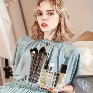 TEMU 대용량 아크릴 메이크업 브러쉬 정리함 - 투명 화장품 보관 상자, 브러쉬, 립스틱, 아이섀도우, 네일 폴리쉬용 다중 구획 - 가벼운 데스크탑 정리함, 미니멀 디자인|눈썹펜슬