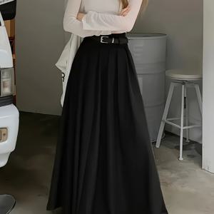 TEMU 여성용 우아한 하이웨이스트 맥시 스커트 - 다용도 단색 포켓, 벨트 없는 디자인, 사계절 패션, 올시즌 스커트|슬릭 펠로우|포켓 스커트
