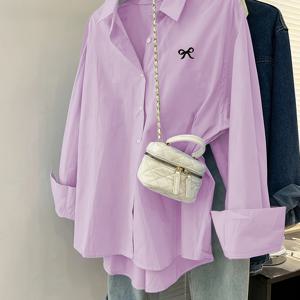 TEMU 여성용 연보라색 캐주얼 긴팔 셔츠 - 루즈핏, 기하학 패턴 버튼업, 세탁기 사용 가능, 클래식 칼라 디자인, 봄/여름/가을용 레이디스 셔츠