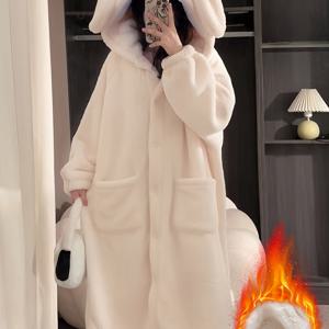 TEMU 1개 여성용 포근한 플리스 안감 후드 토끼 귀 잠옷 - 두꺼운 겨울 로브, 부드러운 플러시 소재, 귀여운 동물 디자인 홈 & 목욕용, 가을 & 겨울에 완벽, 성인용 슬립웨어, 편안한 홈웨어 | 재미있는 디자인 | 플러시 플리스 로브|여성원피스