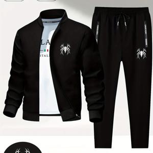 TEMU 남성용 슬림핏 재킷과 스웨트팬츠 세트 - 블랙과 화이트 웹 프린트, 지퍼업 폴리에스터 캐주얼 아우터웨어, 가을/겨울용, 편안하고 스타일리시한 캐주얼웨어| 웹 프린트|지퍼 재킷, 남성용 슬림 후드티, 남성 트레이닝 세트, 남성 가을 옷 세트