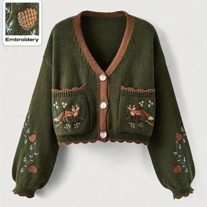 TEMU 여성용 우아한 겨울 가디건 스웨터 - 여우 & 숲 동물 프린트 칼라 재킷, 올리브 그린/브라운 버튼 프론트 , 가을 & 겨울용 손세탁 가능한 포근한 아우터웨어, 청바지나 드레스에 다용도