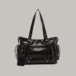 TEMU 여성용 한국식 Y2K 스타일 토트백 - 대용량 멀티컴파트먼트 핸드백, 골드톤 하드웨어, 체인 스트랩 부착 & 지퍼 클로저 (블랙/커피 브라운/화이트) - 다용도