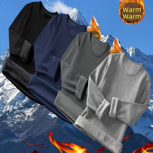 TEMU 남성용 가을 겨울 러닝 탑 4pcs 타이트핏 따뜻한 긴팔 라운드넥 벨벳 캐주얼 스포츠 속옷, 겨울 운동 셔츠,러닝 필수품,세련된 액티브웨어, 스타일,포근한 소재,남성용 긴팔 상의,스포츠 레이어링 피스|헬스복