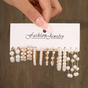 TEMU 6쌍 여성용 대형 인조 진주 & 비즈 후프 귀걸이 세트 - 화이트 & 인조 진주 후프, 소형 비즈가 달린 대형 후프, 빈티지 대형 인조 진주 드롭 귀걸이, 웨딩, 파티, 데일리 착용, 선물용 (코팅 없음, 연도)