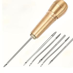TEMU 스테인리스 스틸 송곳 바늘 & 구리 손잡이가 포함된 헤비듀티 가죽 재봉 키트 - 날카로운 뾰족한 끝, 인체공학적 그립, 가죽 수리, 텐트, 신발, 재킷, 벨트 수리용 - DIY 가죽 공예를 위한 전문 제작